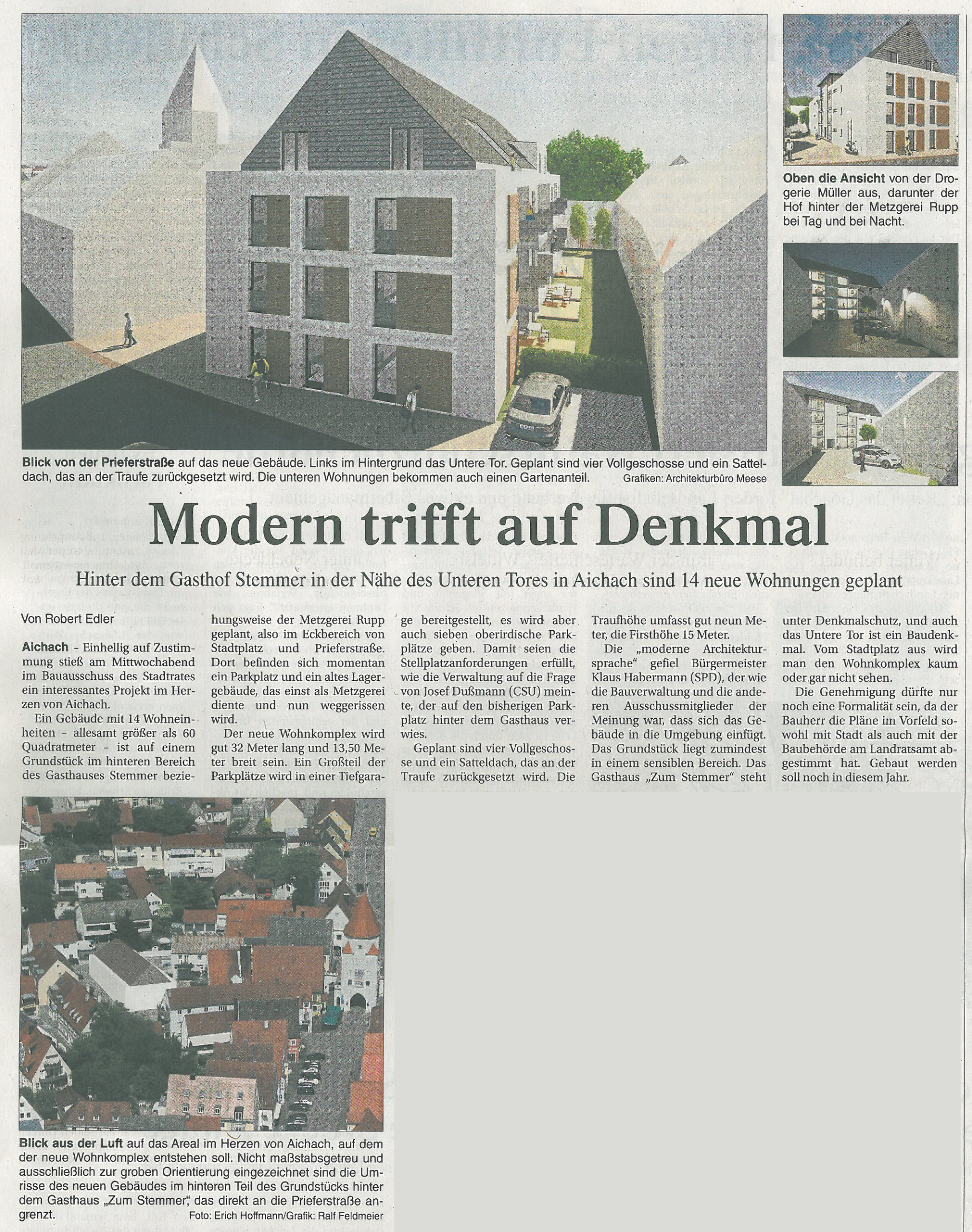 Planung eines Mehrfamilienhauses mit 14 Wohnungen in der AIchacher Altstadt - Artikel in der Aichacher Zeitung über die einhellige Zustimmung des Bauausschusses zum Bauantrag. <br />
